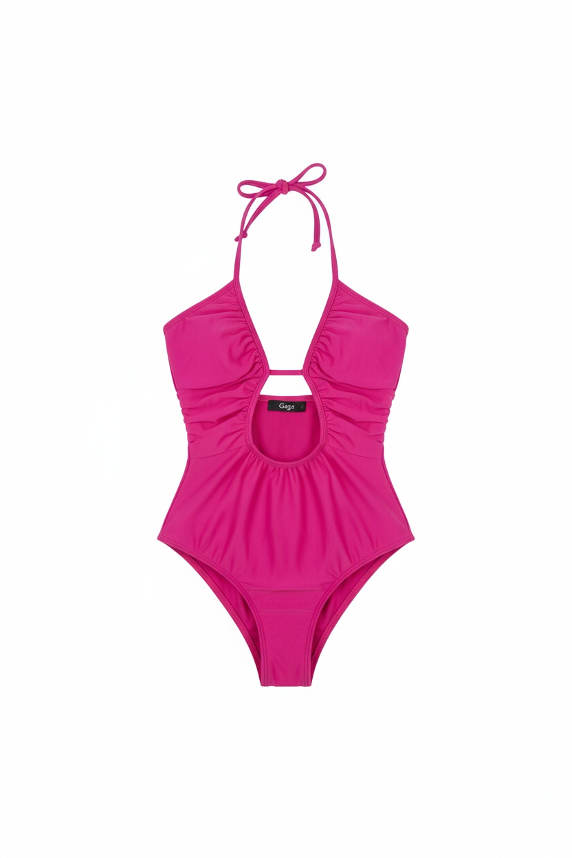 Vibrant Pink Ruched Cutout Halter Swimsuit photo 1