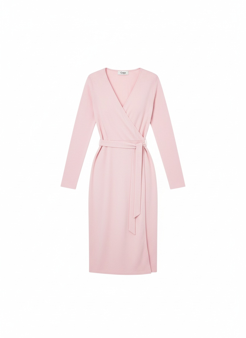 Elegant Pink Knit Wrap Midi Dress photo 1