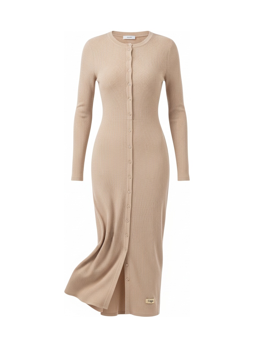 Elegant Beige Ribbed Knit Button-Front Midi Dress photo 1