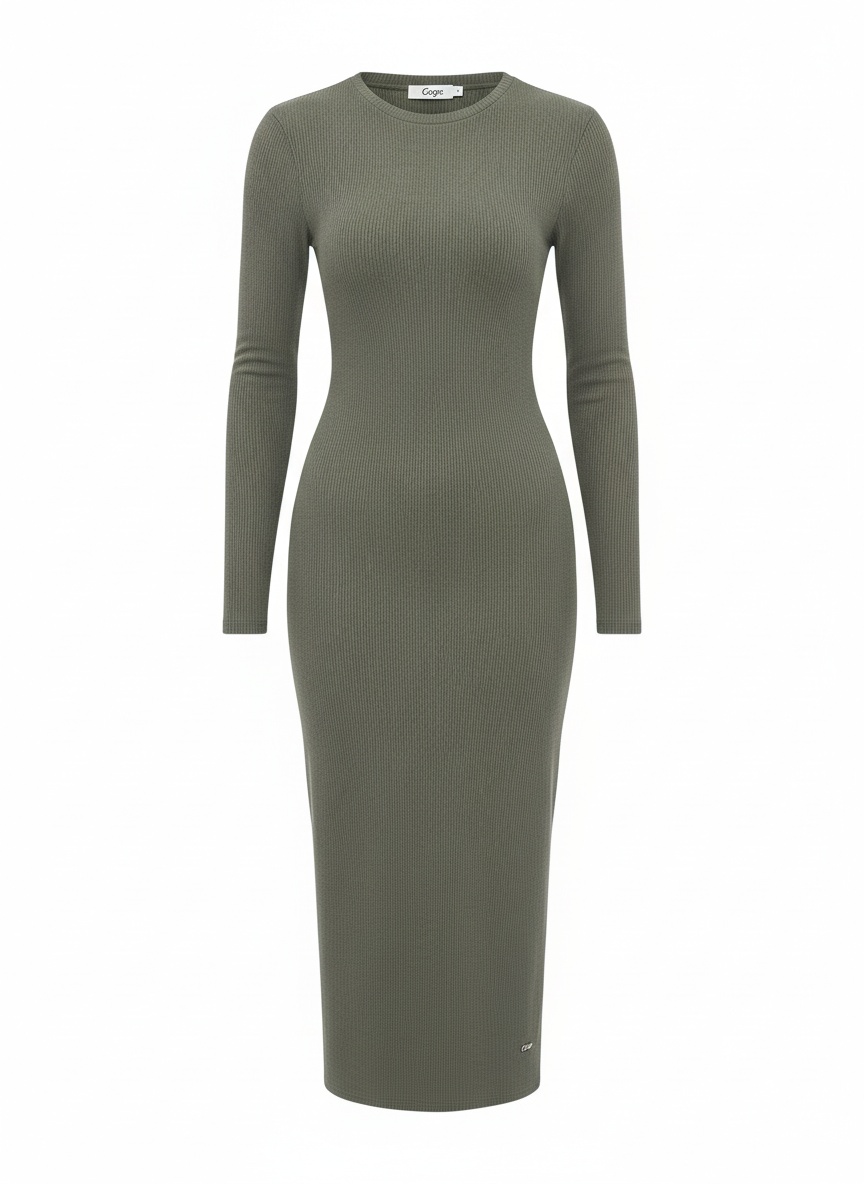 Form-Fitting Ribbed Knit Long Sleeve Midi Dress photo 1