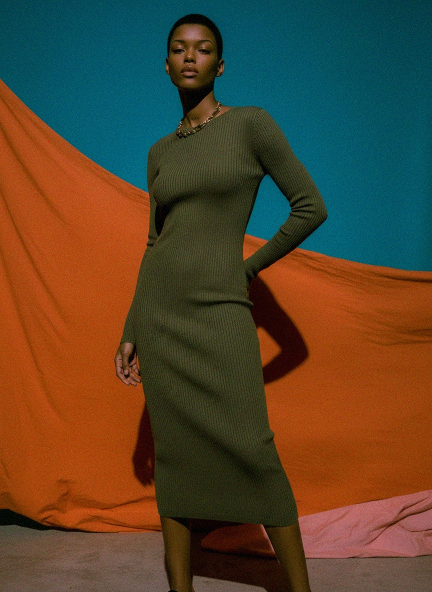 Form-Fitting Ribbed Knit Long Sleeve Midi Dress photo 2