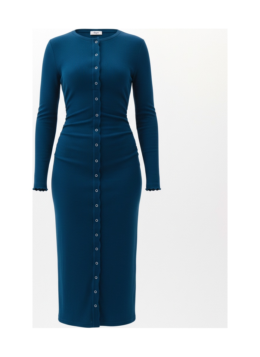 Blue Ribbed Long Sleeve Button-Front Midi Dress photo 1