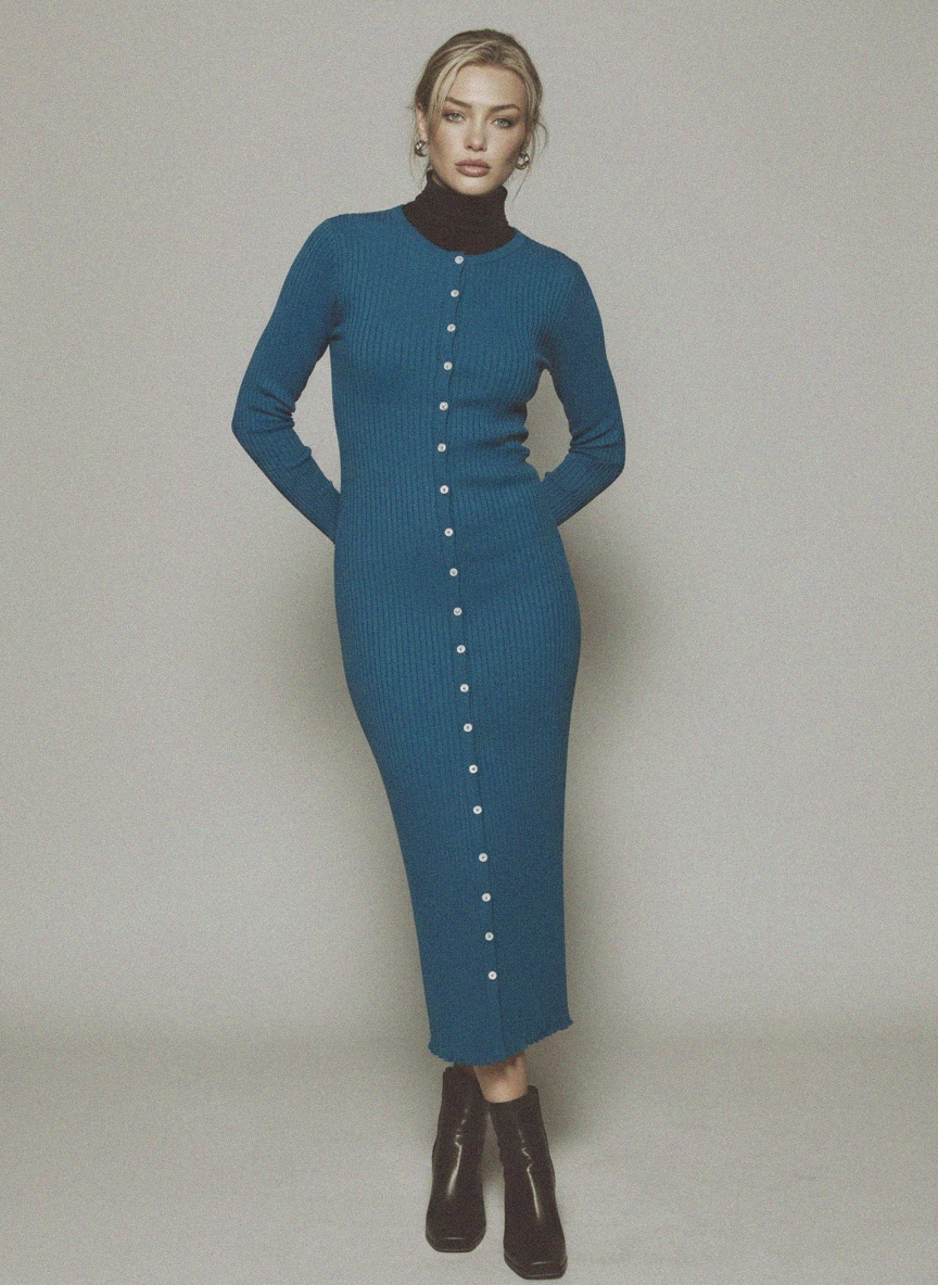 Blue Ribbed Long Sleeve Button-Front Midi Dress photo 3
