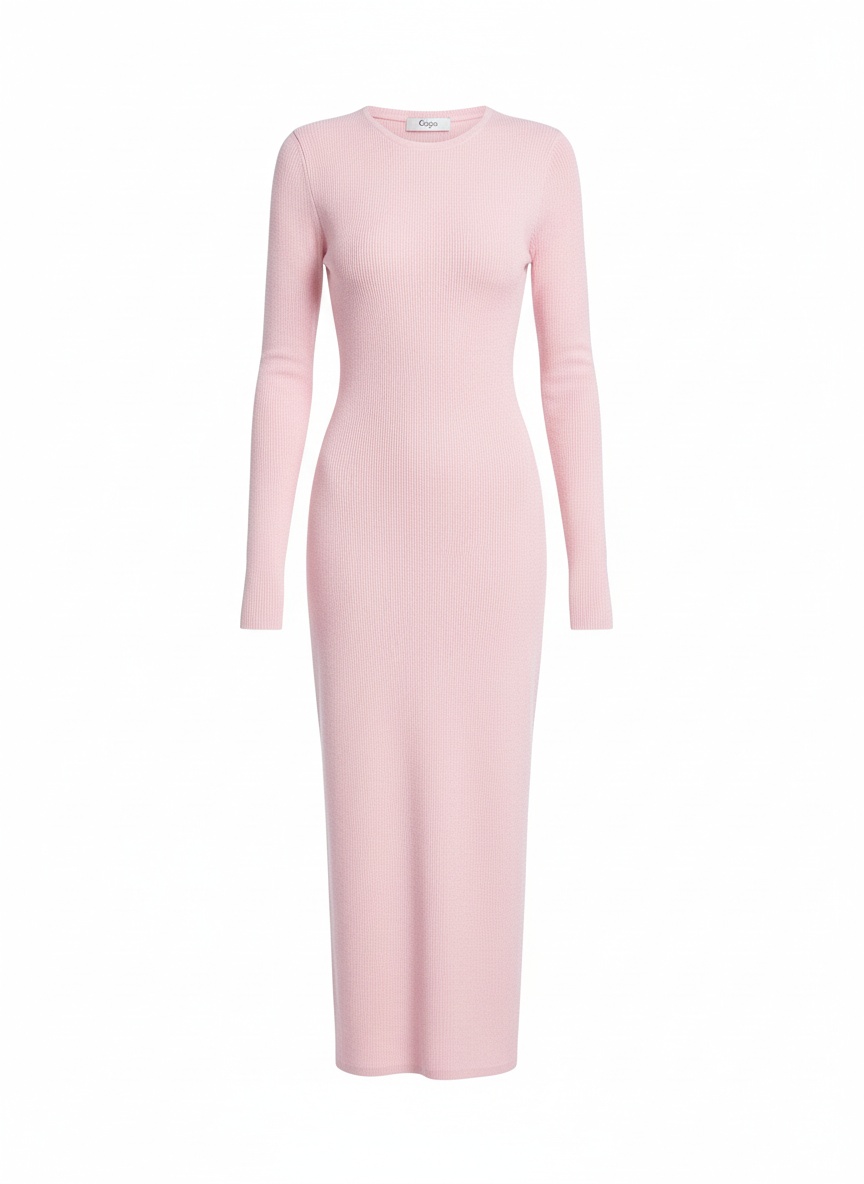 Elegant Pink Ribbed Knit Midi Dress photo 1