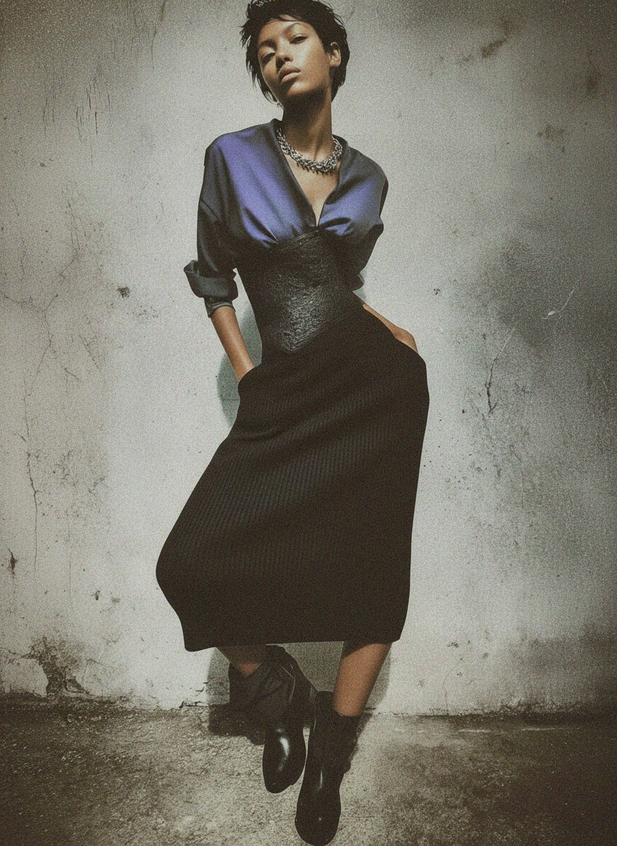 Classic Black Ribbed Knit Midi Skirt photo 2