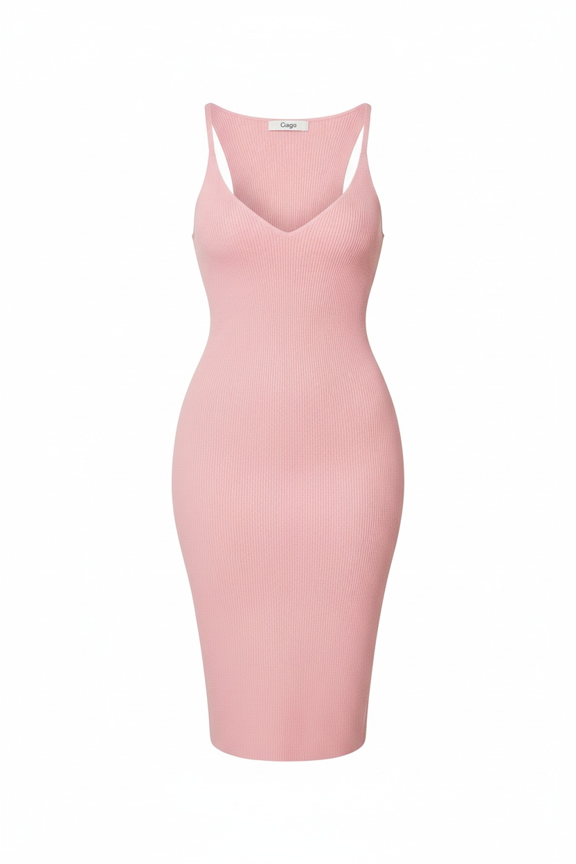 Pink Ribbed Knit V-Neck Midi Dress photo 1