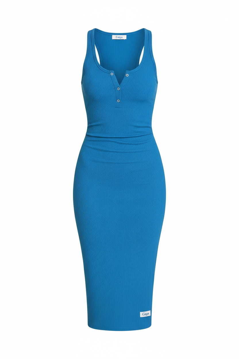 Blue Ribbed Sleeveless Henley Midi Dress photo 1