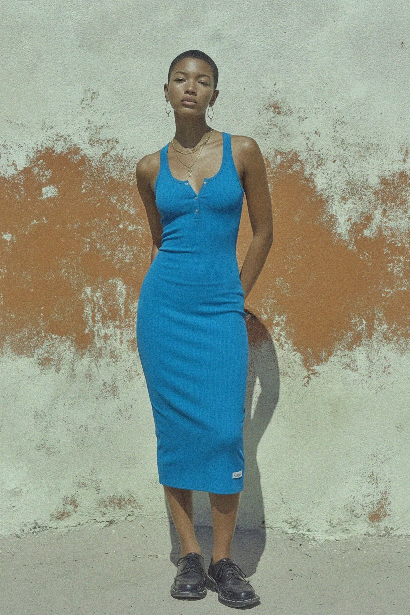 Blue Ribbed Sleeveless Henley Midi Dress photo 3