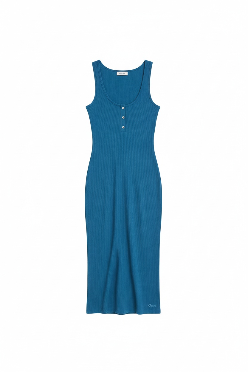 Fitted Ribbed Knit Henley Midi Dress in Blue photo 1