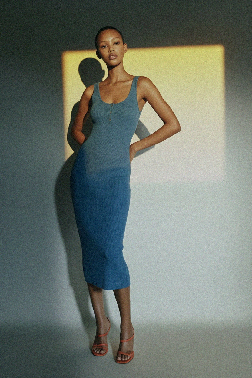 Fitted Ribbed Knit Henley Midi Dress in Blue photo 2