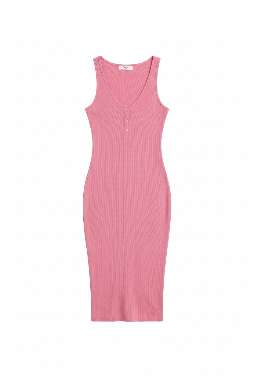 Pink Ribbed Henley Midi Dress photo 1