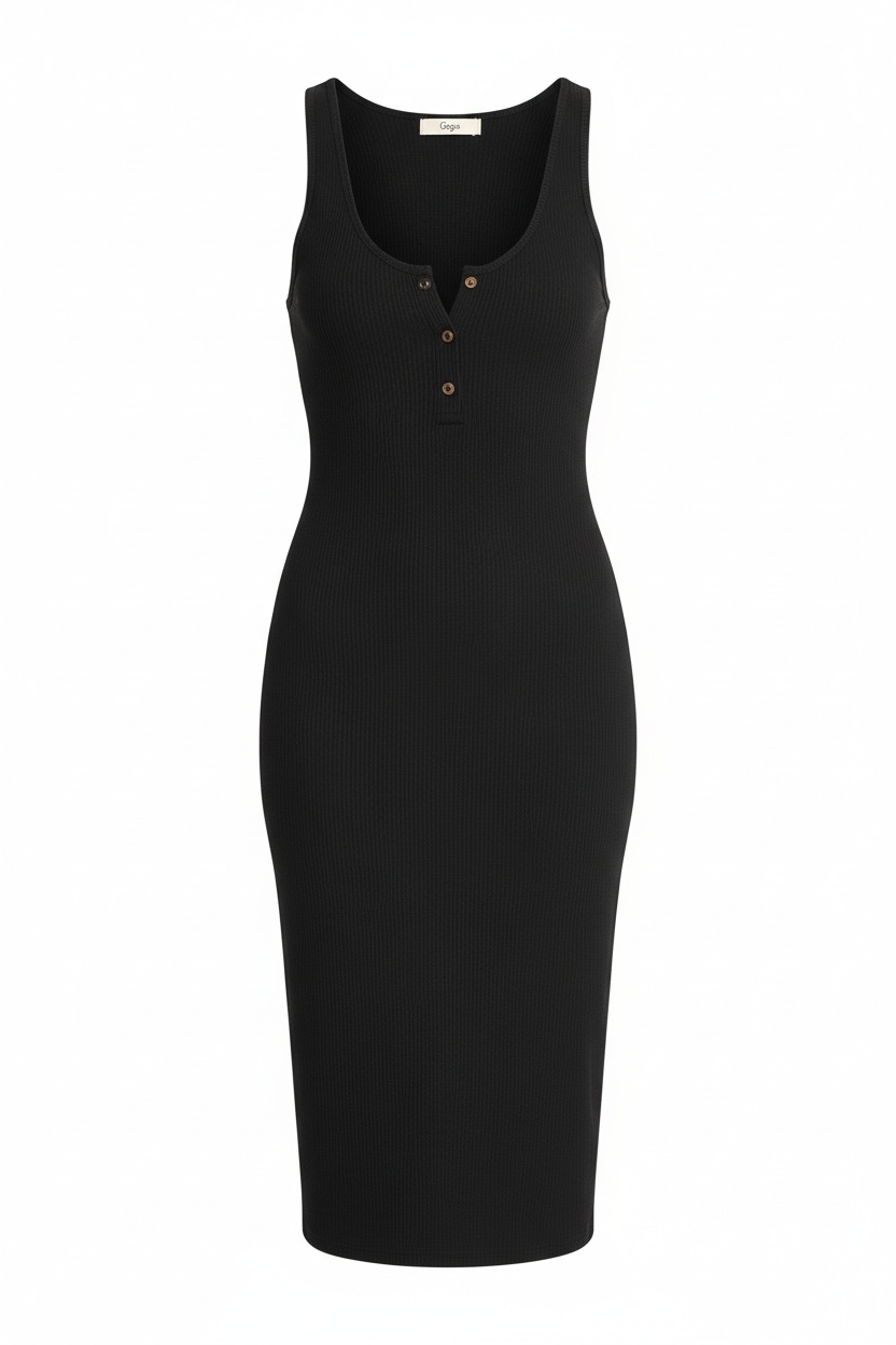 Black Ribbed Button-Front Midi Dress photo 1