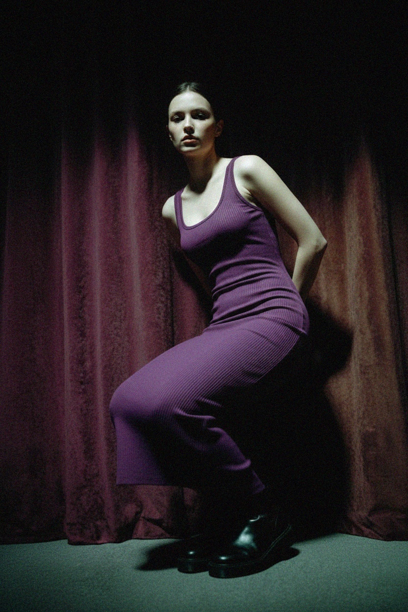 Purple Ribbed Knit Scoop Neck Midi Dress photo 3