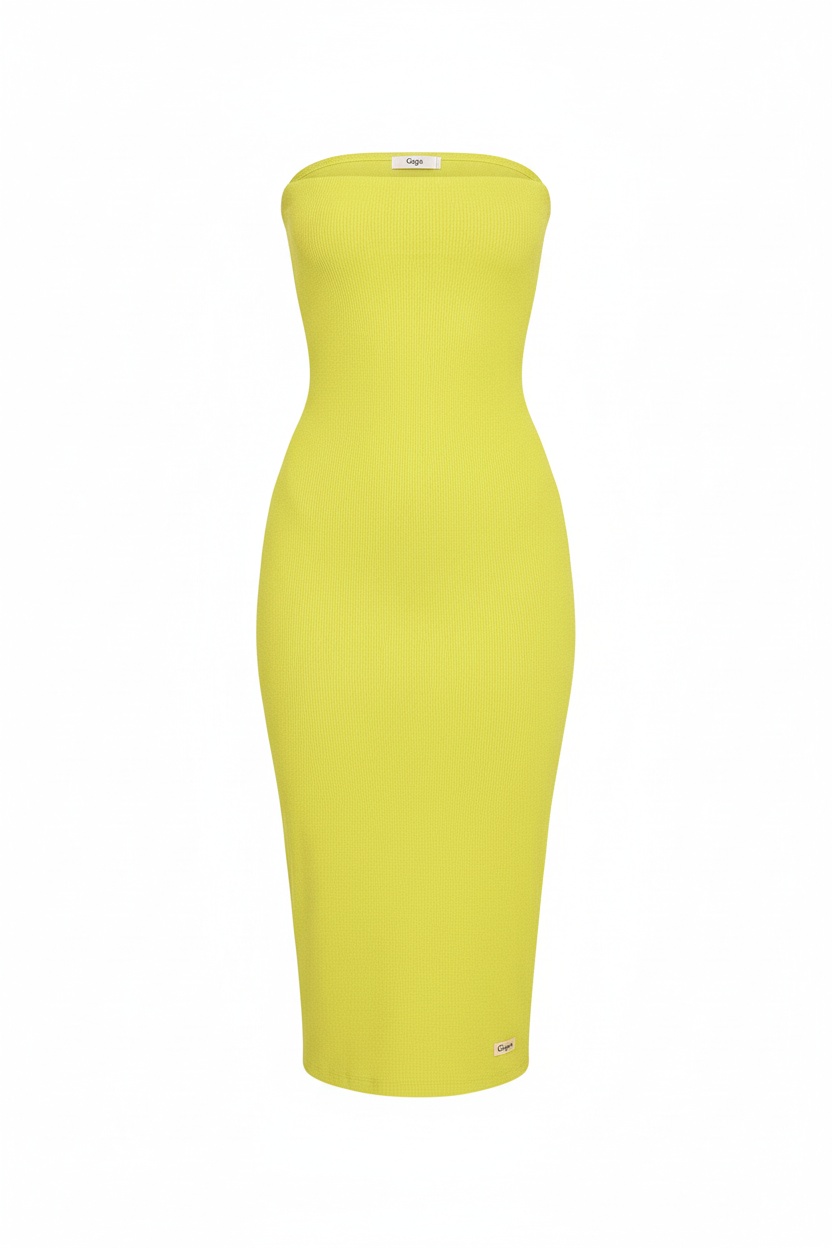 Yellow Strapless Ribbed Bodycon Midi Dress photo 1