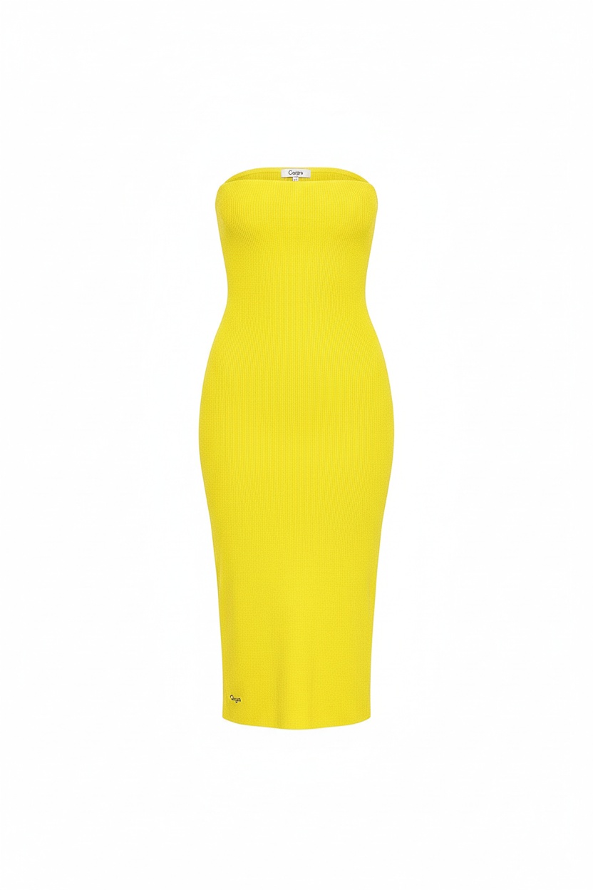 Chic Yellow Strapless Ribbed Midi Dress photo 1