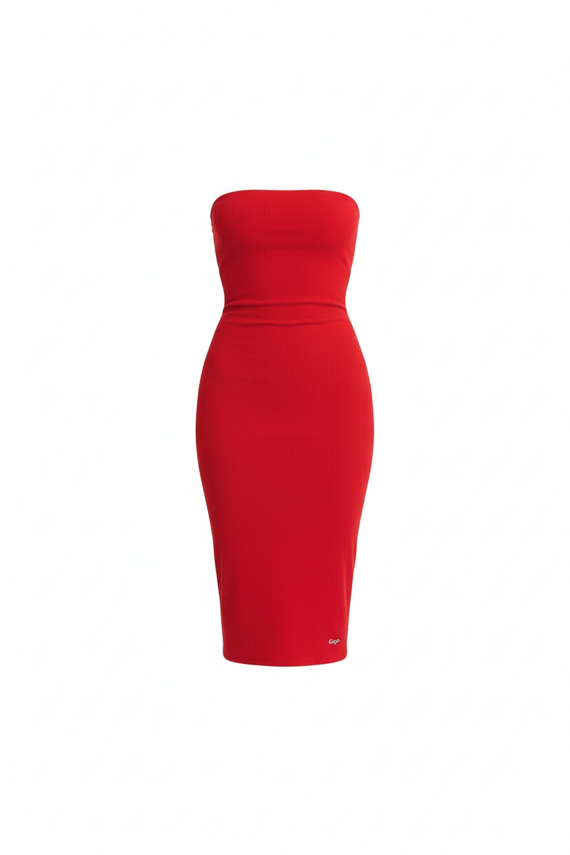 Red Strapless Ribbed Bodycon Midi Dress photo 1