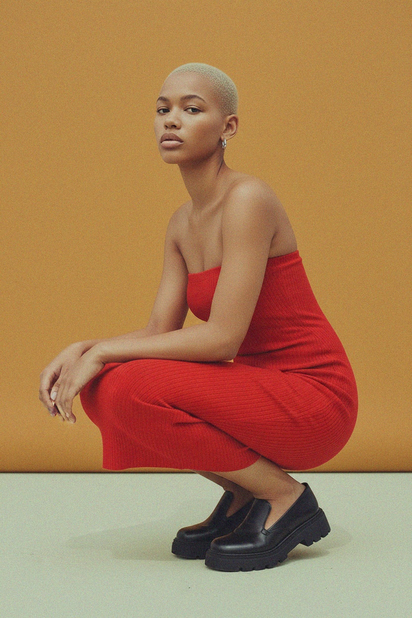 Red Strapless Ribbed Bodycon Midi Dress photo 2