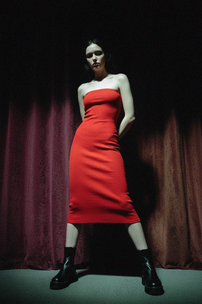 Red Strapless Ribbed Bodycon Midi Dress photo 3