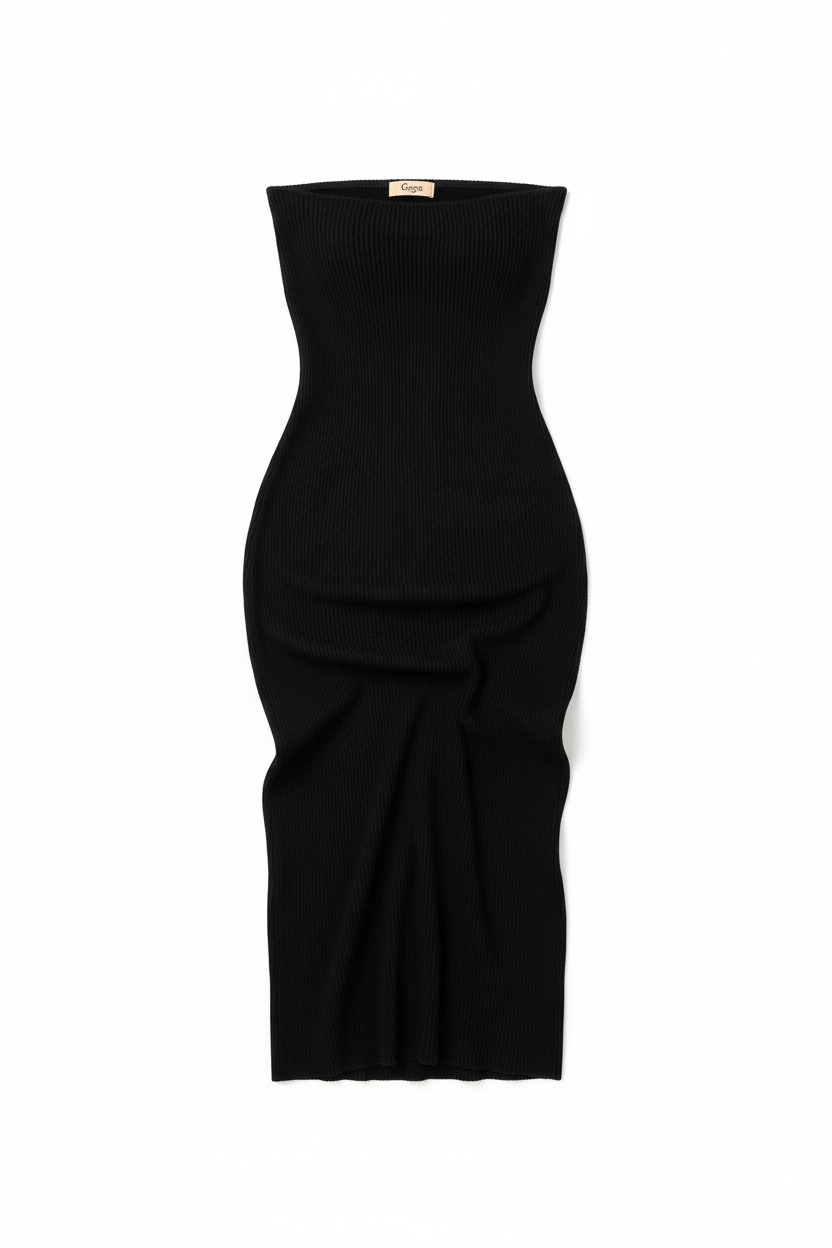 Black Ribbed Strapless Midi Dress photo 1