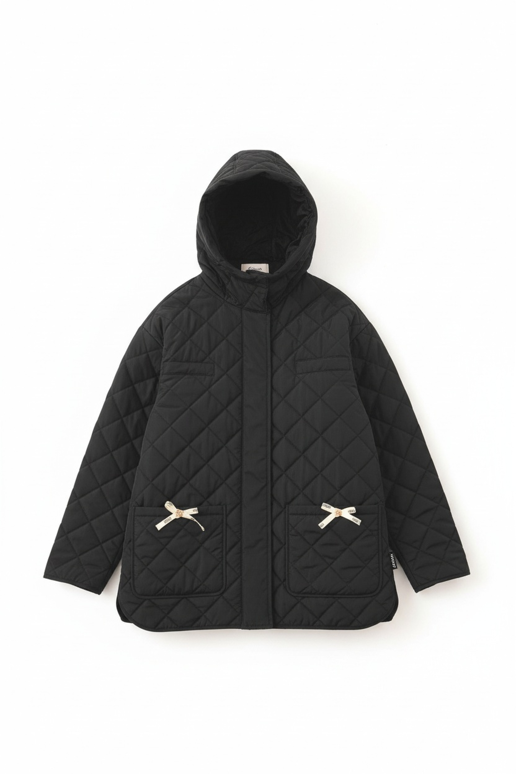 Black Quilted Hooded Jacket with Bow Details photo 1