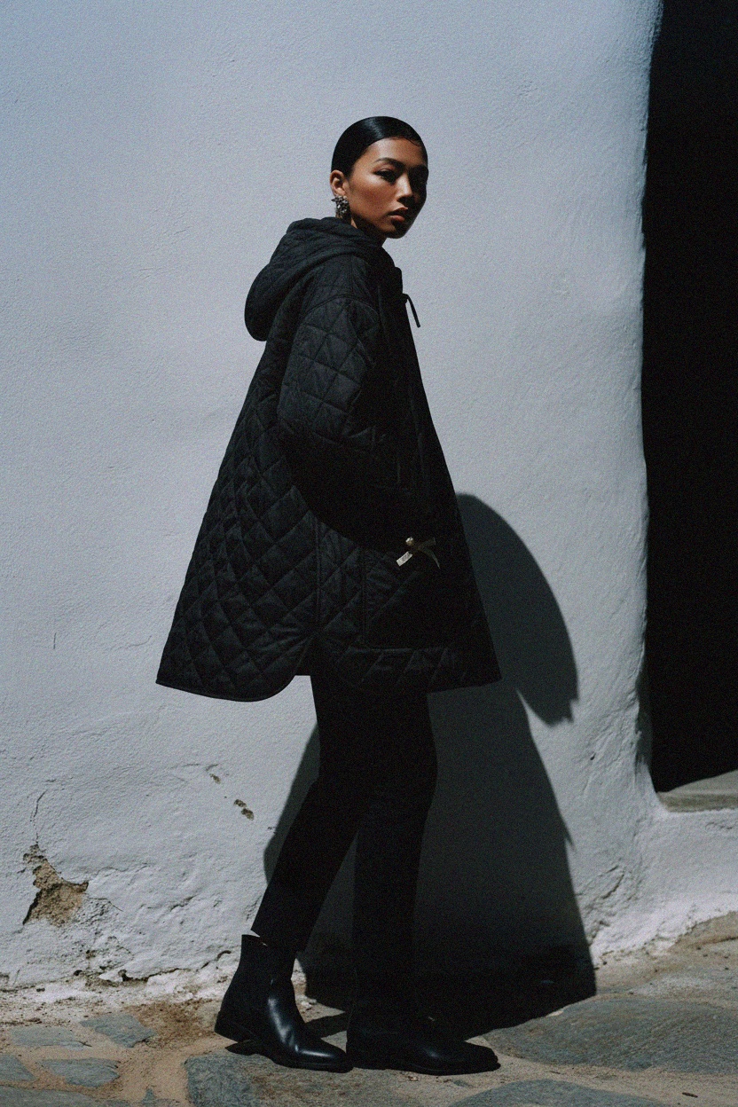 Black Quilted Hooded Jacket with Bow Details photo 3