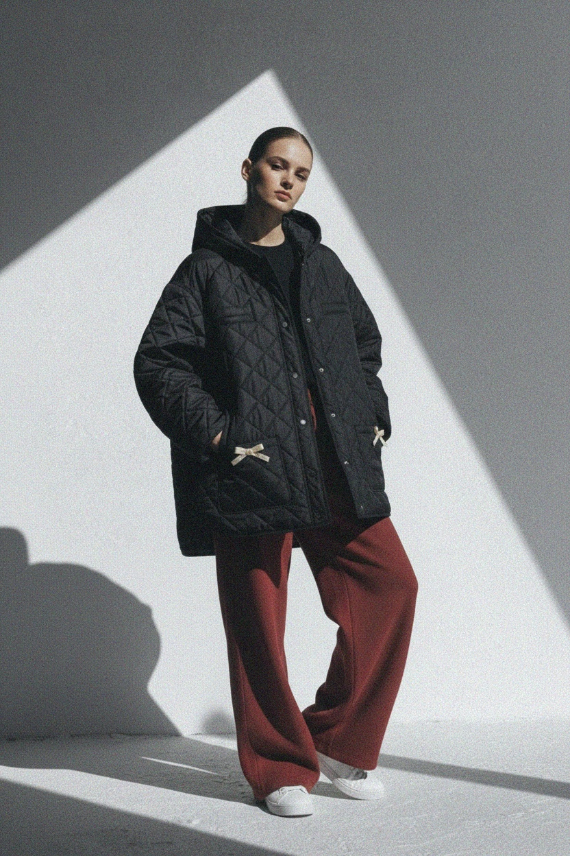 Black Quilted Hooded Jacket with Bow Details photo 4