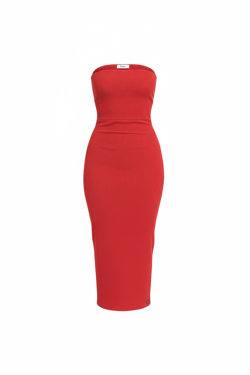 Elegant Red Strapless Ribbed Midi Dress photo 1
