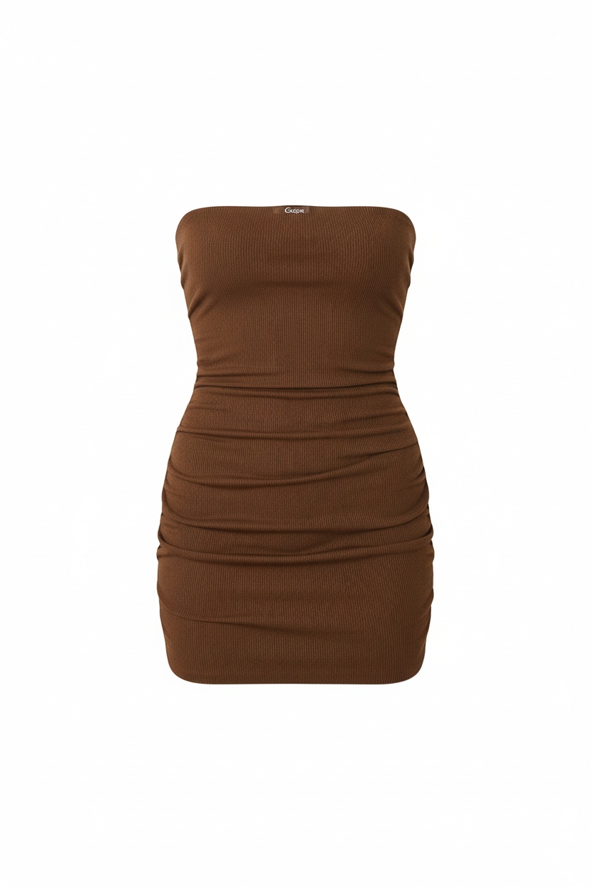 Chic Brown Ribbed Strapless Mini Dress photo 1
