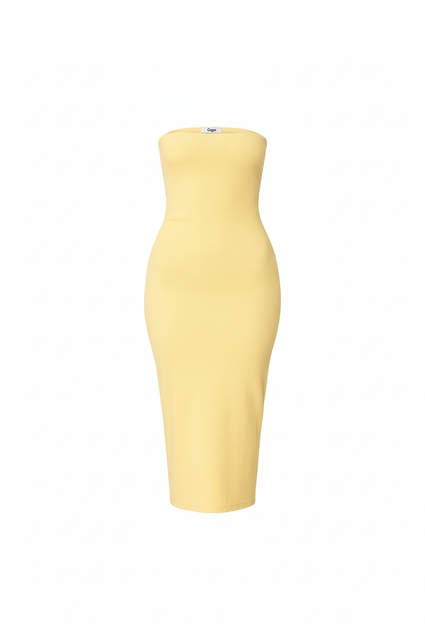 Strapless Ribbed Knit Midi Dress in Pale Yellow photo 1