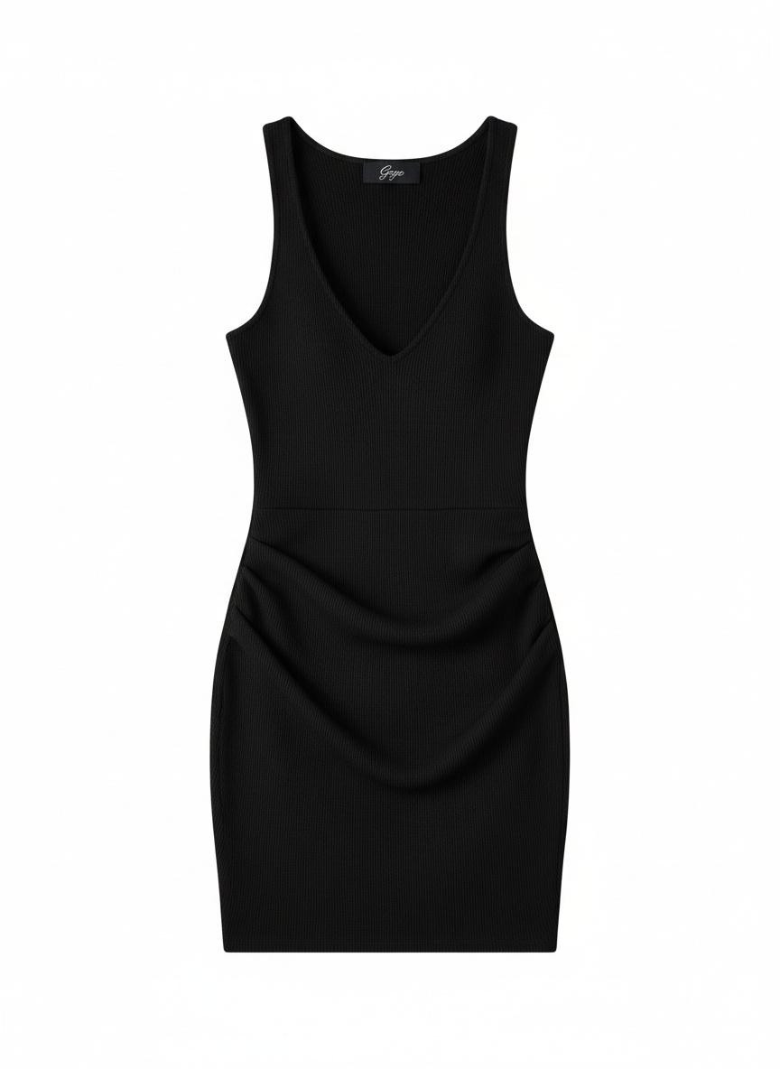 Black Ribbed V-Neck Mini Dress photo 1
