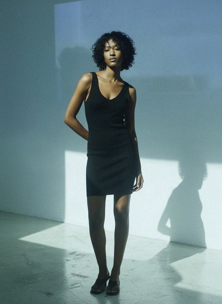 Black Ribbed V-Neck Mini Dress photo 2