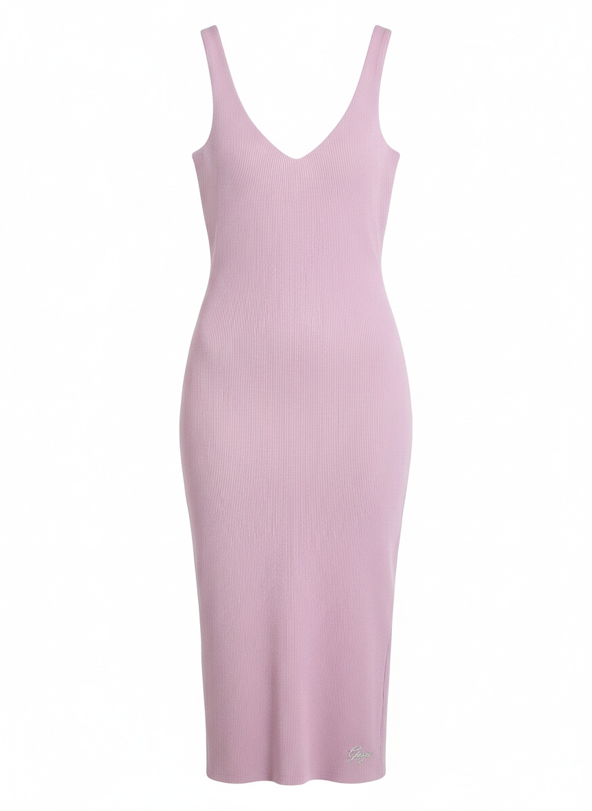 Ribbed V-Neck Sleeveless Midi Dress - Pink photo 1
