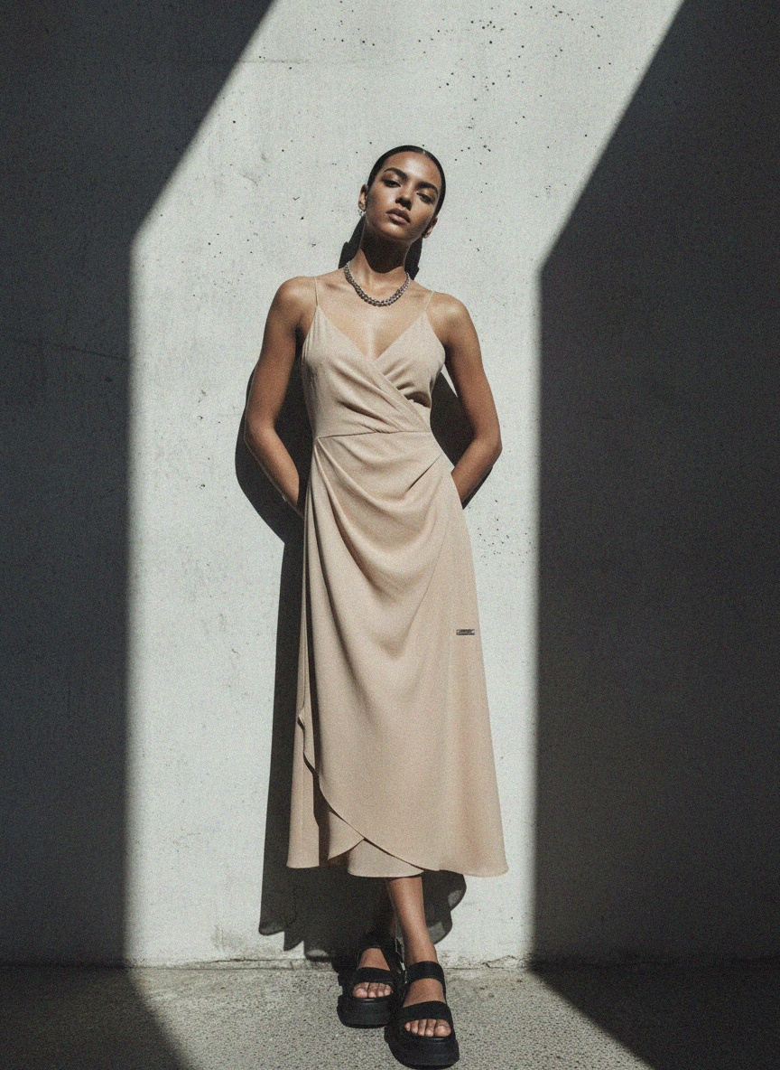 Elegant Beige Sleeveless Midi Dress photo 3