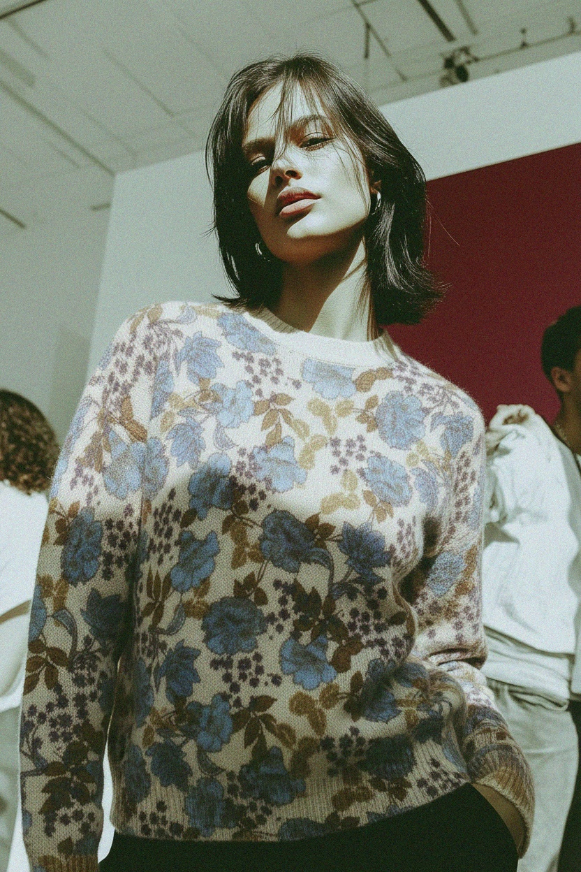 Floral Knit Sweater with Blue & Brown Pattern photo 4