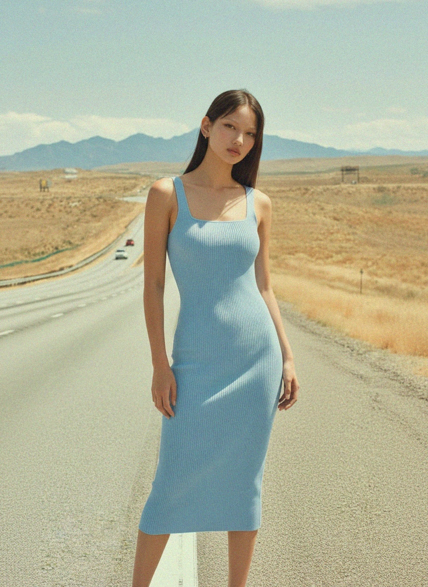 Ribbed Square Neck Midi Dress photo 3