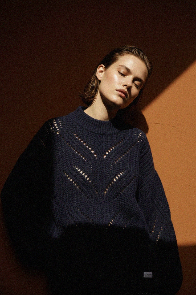 Oversize Blue Knit Sweater with Openwork Pattern photo 3