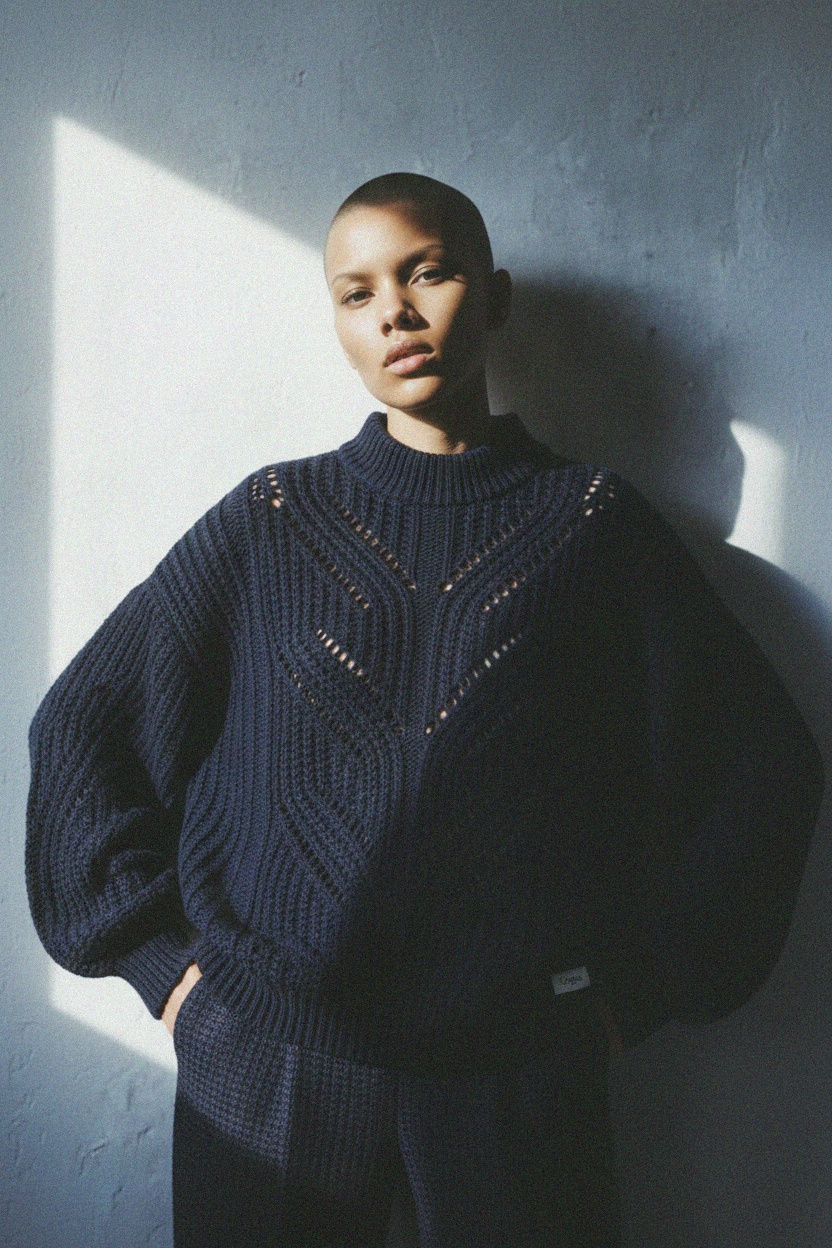 Oversize Blue Knit Sweater with Openwork Pattern photo 4