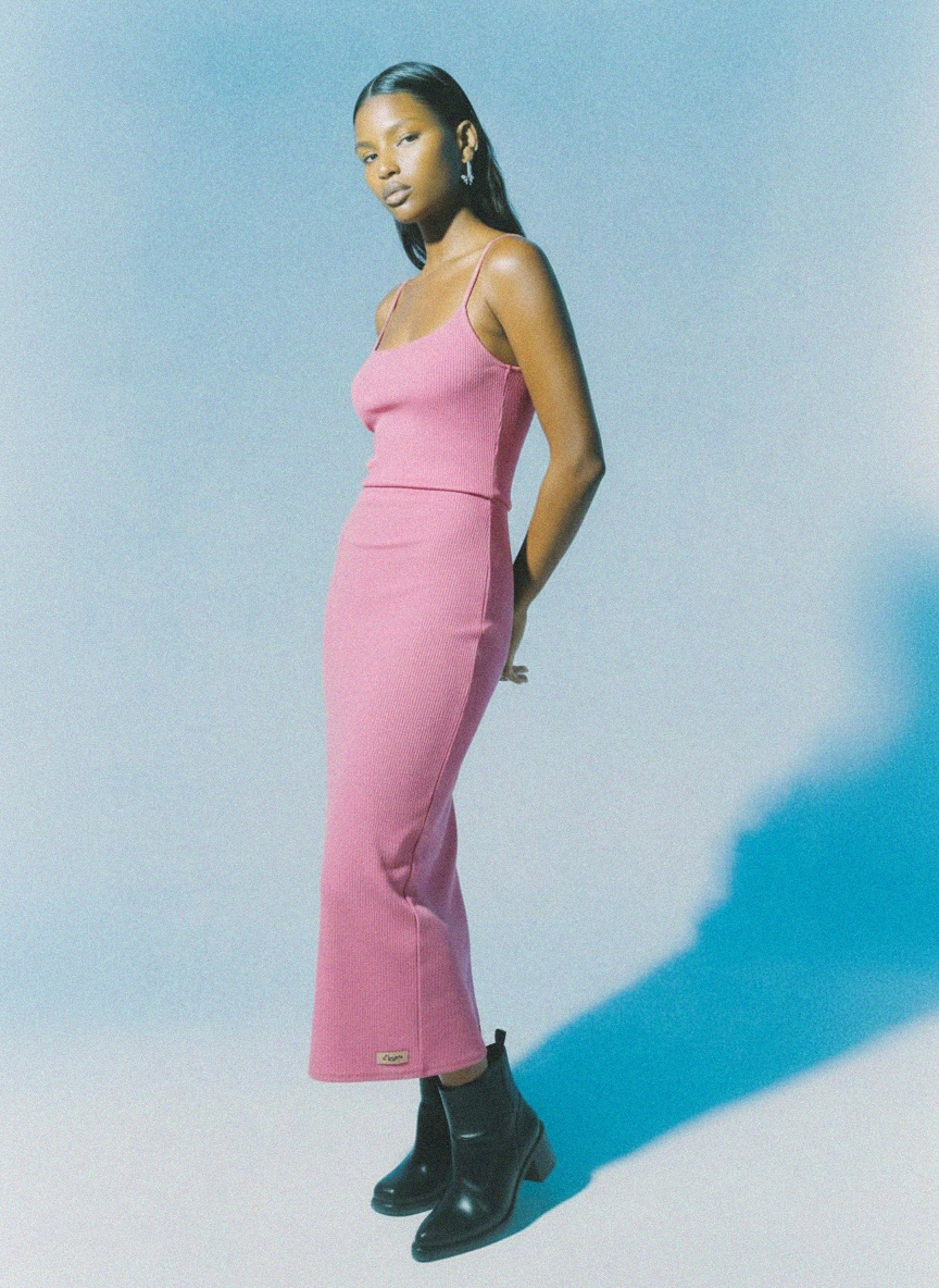 Pink Ribbed Bodycon Midi Dress photo 3