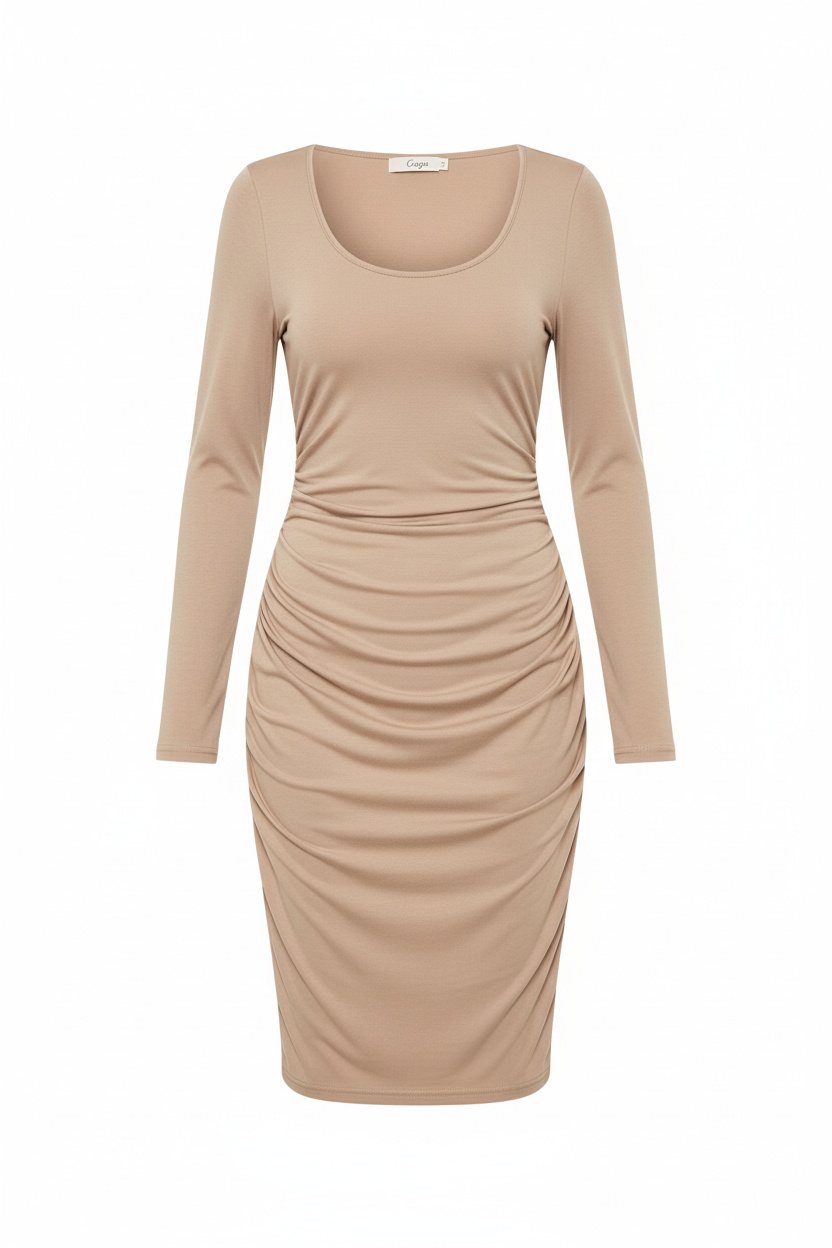Essential Fitted Long Sleeve Midi Dress - Beige photo 1
