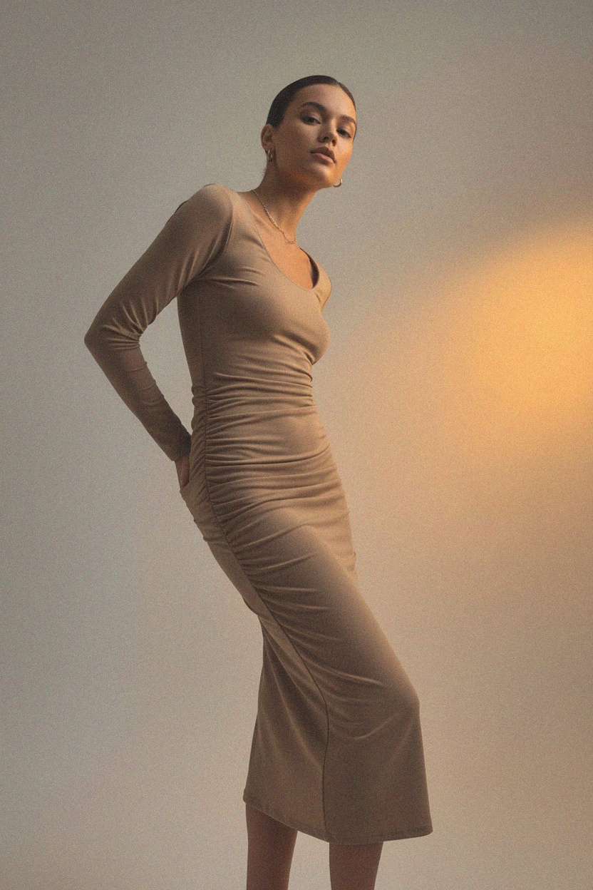 Essential Fitted Long Sleeve Midi Dress - Beige photo 2