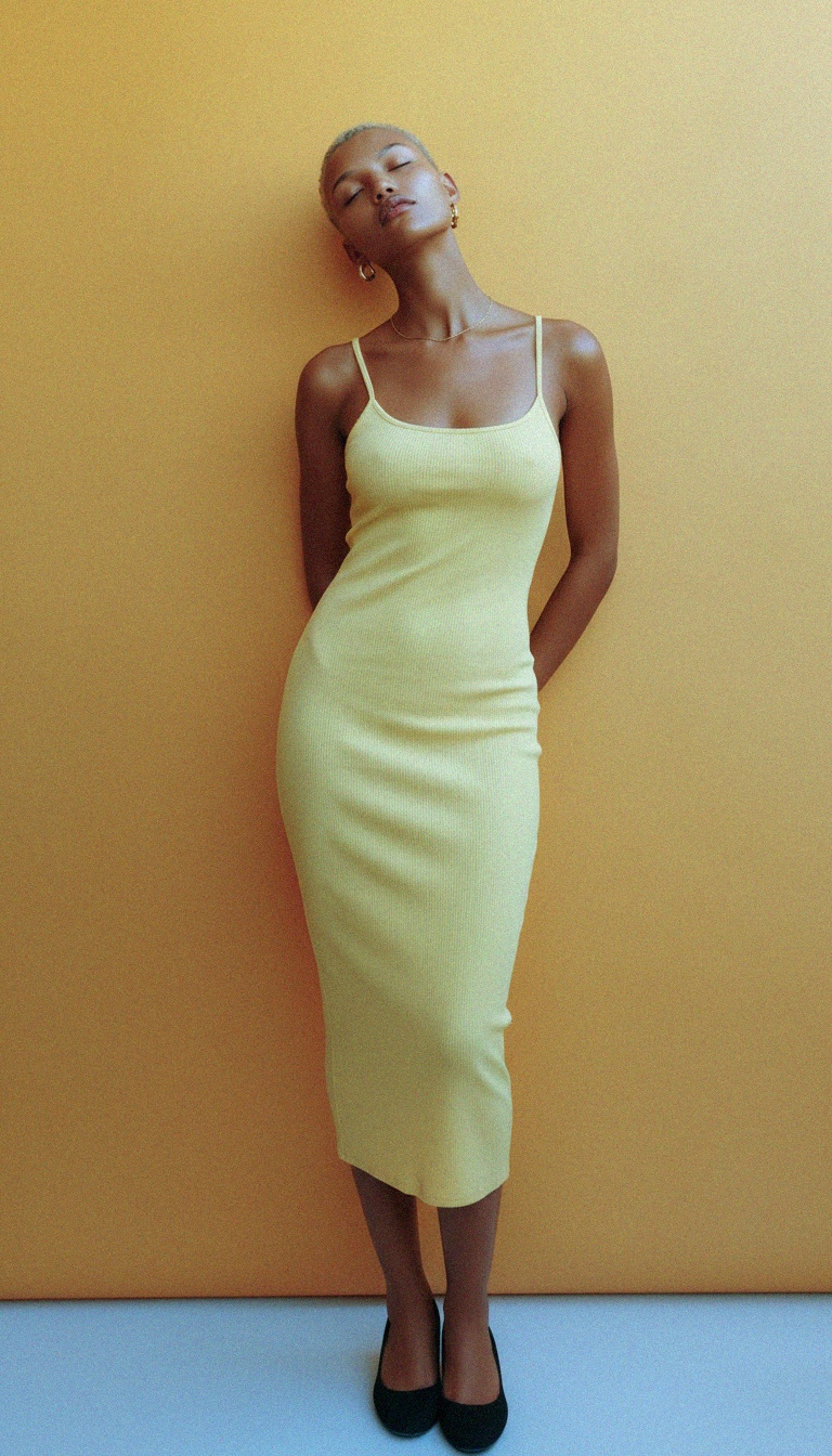 Yellow Ribbed Bodycon Midi Dress photo 3