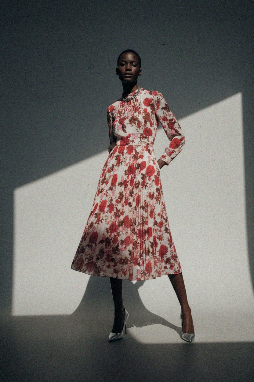 Elegant Red Floral Pleated Midi Dress photo 3
