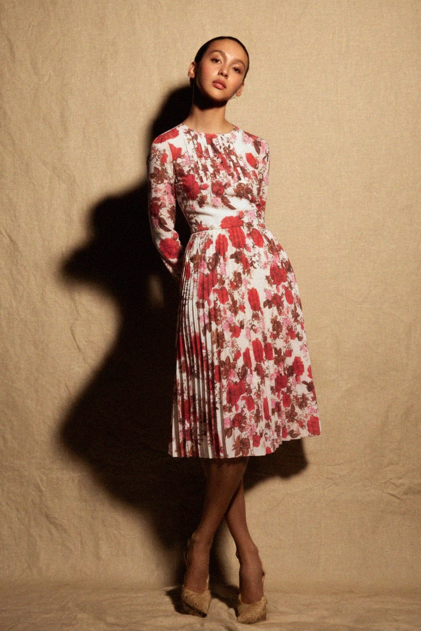 Elegant Red Floral Pleated Midi Dress photo 4