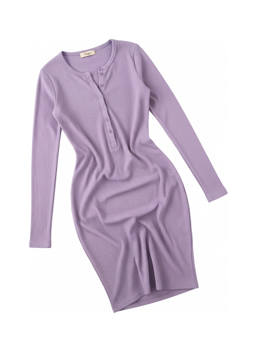 Ribbed Henley Long Sleeve Mini Dress - Purple photo 1