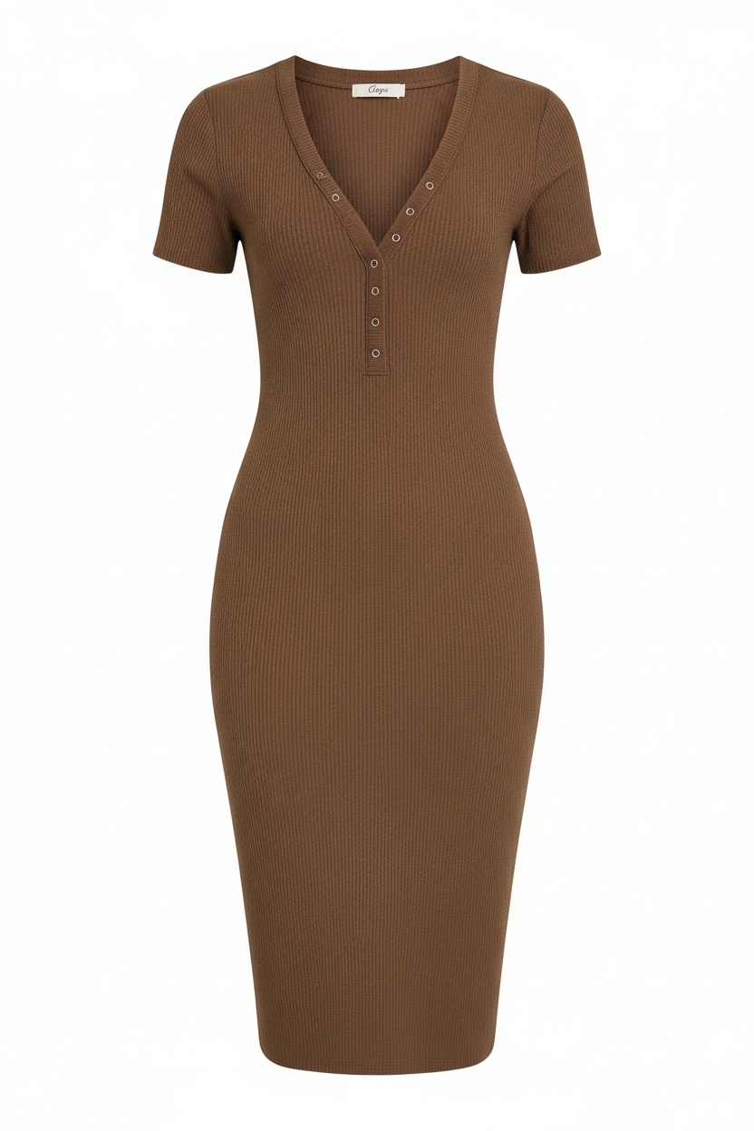 Ribbed V-Neck Button-Front Midi Dress photo 1