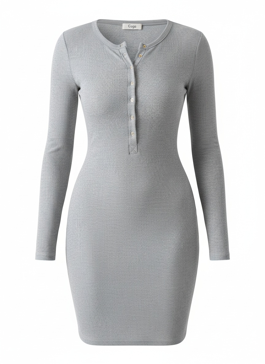 Ribbed Long Sleeve Henley Bodycon Dress photo 1
