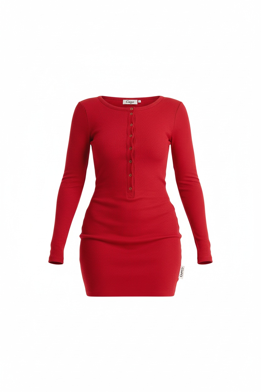 Red Ribbed Long Sleeve Button Front Mini Dress photo 1