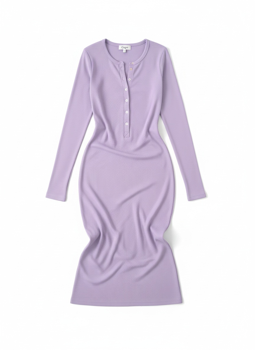 Ribbed Long Sleeve Midi Dress with Henley Buttons photo 1