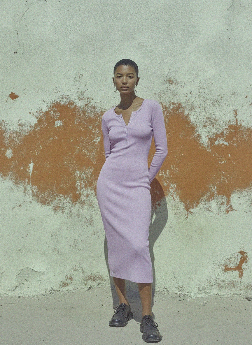 Ribbed Long Sleeve Midi Dress with Henley Buttons photo 3