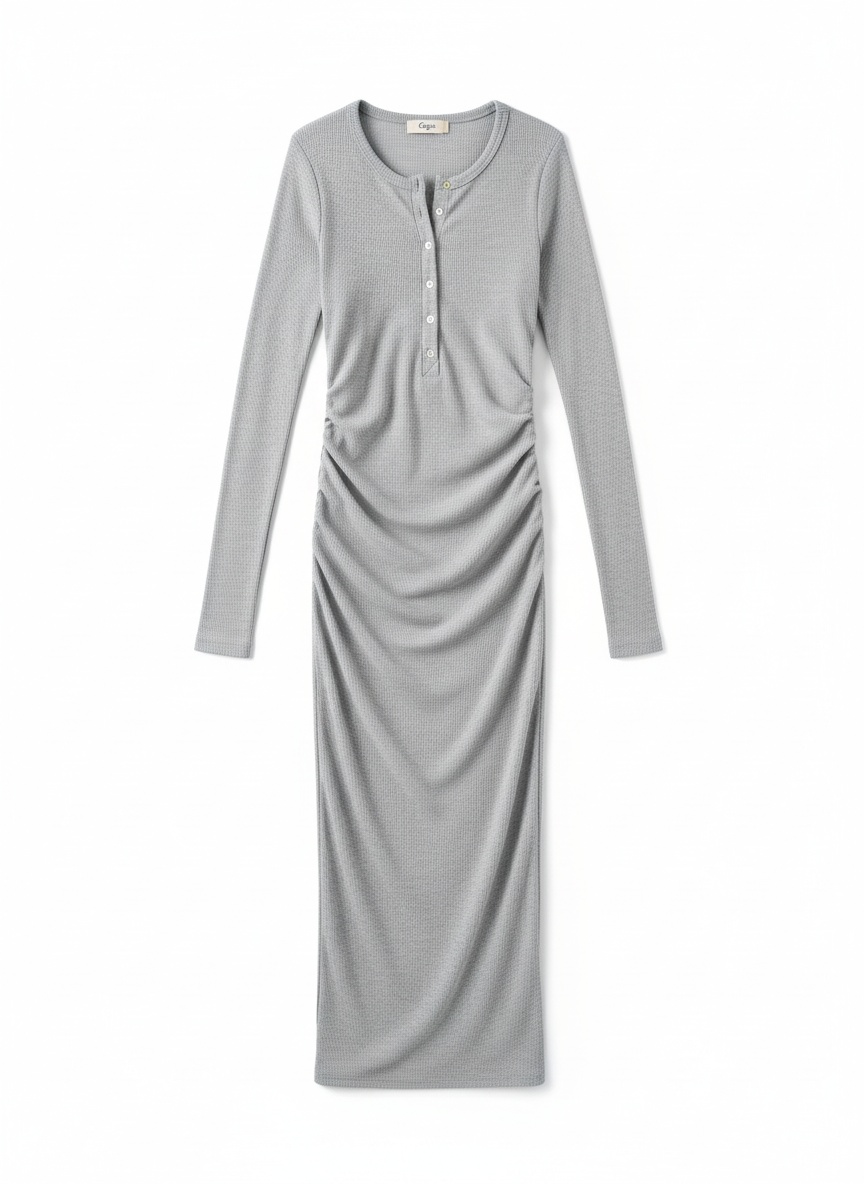 Ribbed Long Sleeve Midi Dress with Button Detail photo 1